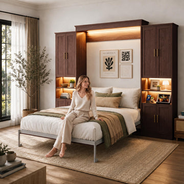 Murphy Bed Queen with 2 Storage Cabinets and LED Strip Lights, Walnut