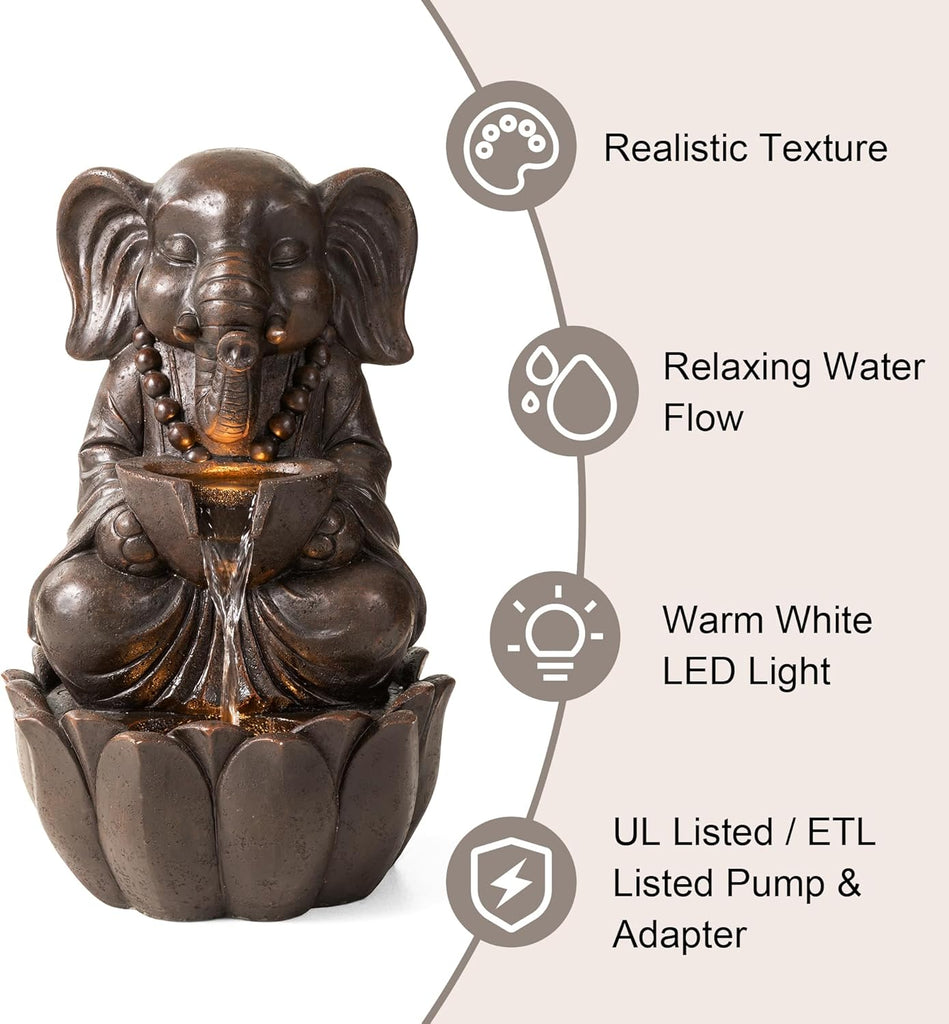 Outdoor Fountains, Water Fountains Outdoor with Lights&Pump, 21.75" H 2-Tiered Zen-Style Bronze Polyresin Elephant