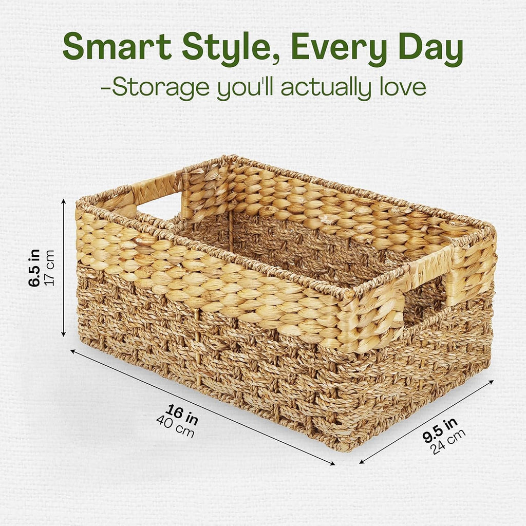 Medium Wicker Baskets for Storage 15.5 x 9.5 x 6.5 Inches | Natural, Seagrass and Hyacinth Woven Baskets for Décor