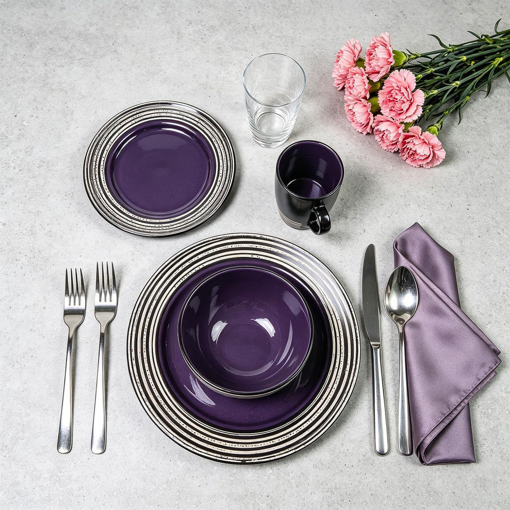 16 Piece Dinnerware Set, Ceramic Plates and Bowls Sets for 4, Microwave and Dishwasher Safe, Handcrafted Tree Bark