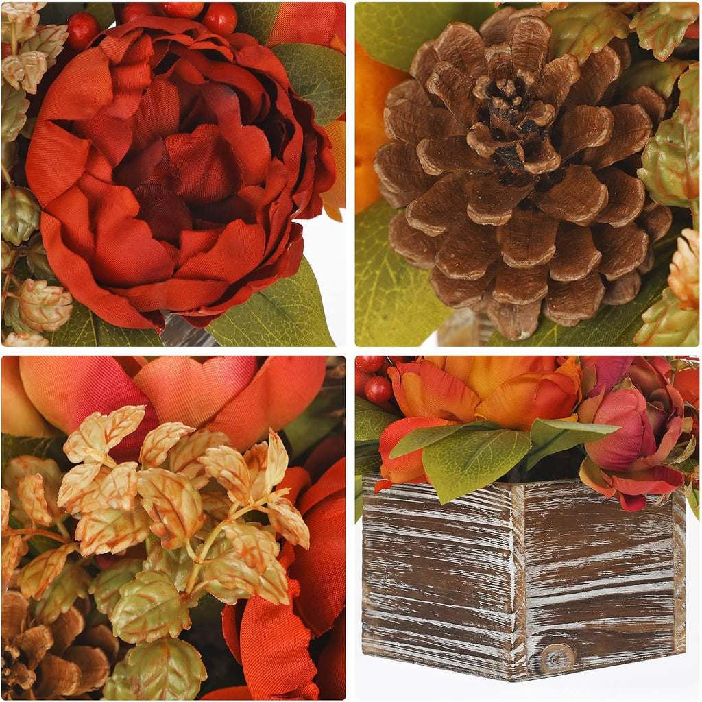 Fall Peonies Artificial Flowers Arrangements In Rustic Square Wooden Box