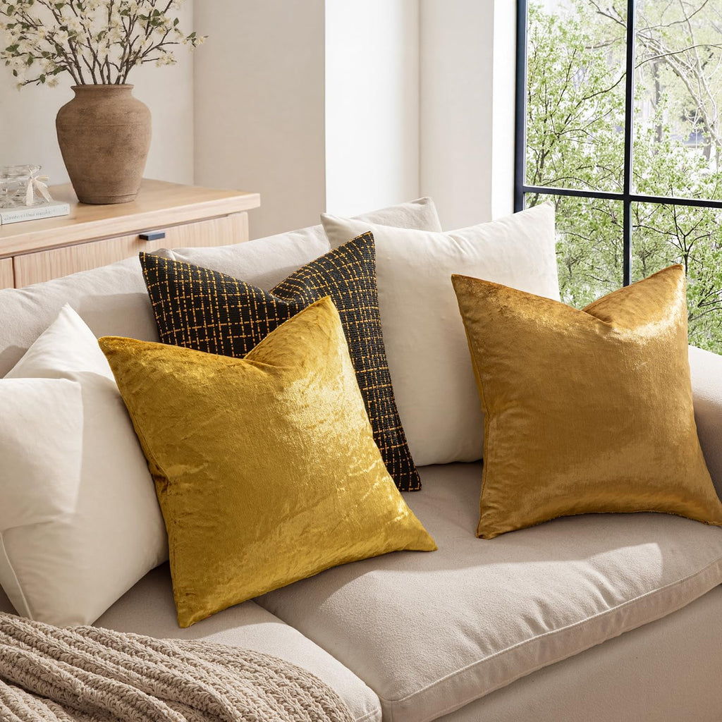 Velvet Throw Pillow Covers 18x18 Inch, Pack of 2 - Golden, Super Soft Decorative Square Cushion Cases Modern Luxury