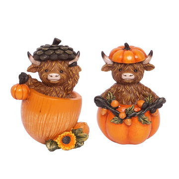 Fall Decorations, Highland Cow Pumpkins Statues Cute Figurines