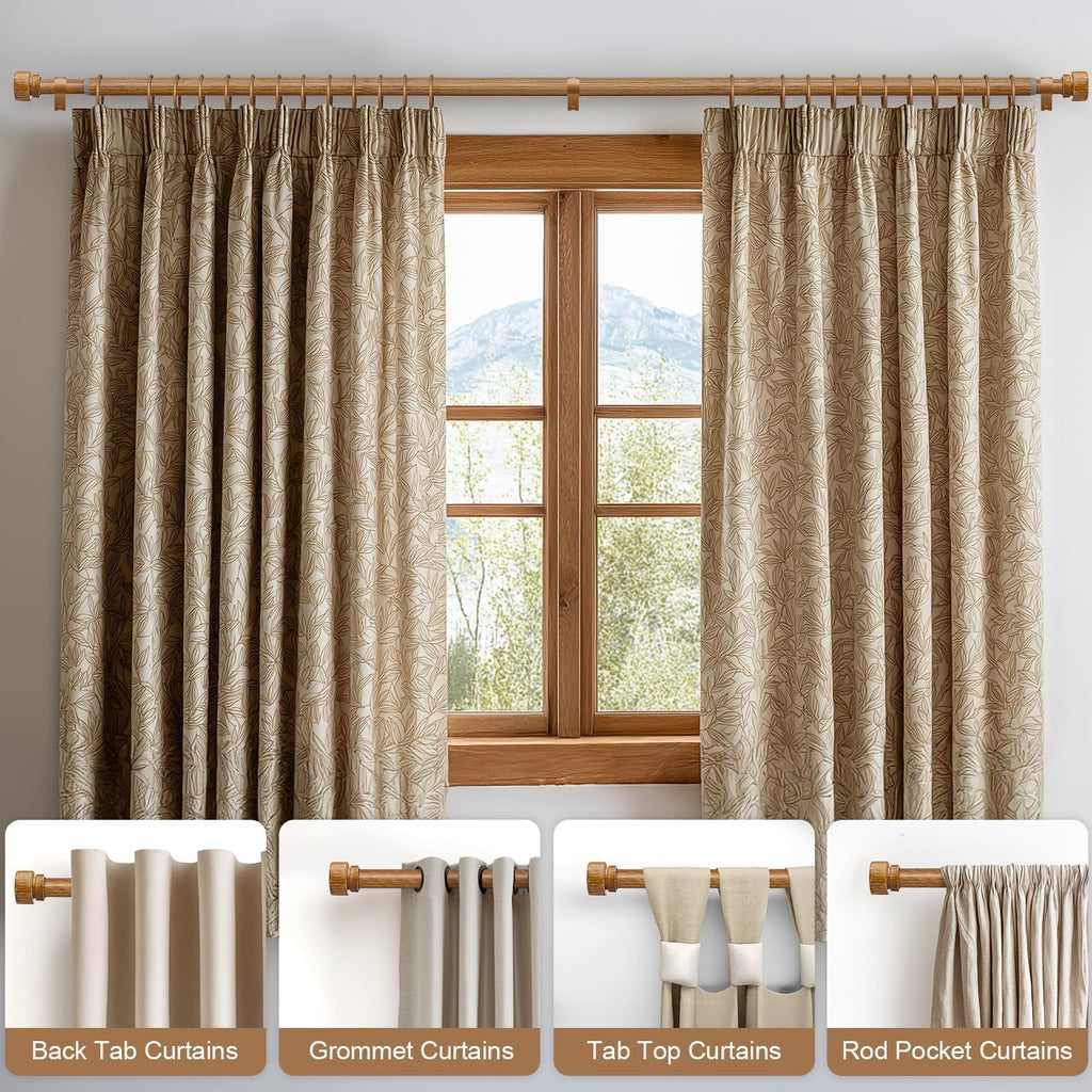 Wood Curtain Rods for Windows 1" Diameter Boho Decorative Heavy Duty Long Window Curtain Rod