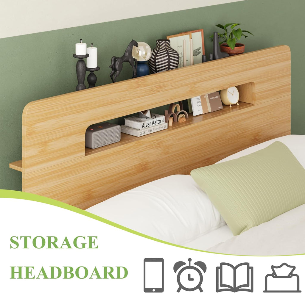 Solid Bamboo Wood Queen Bed Frame with Storage Headboard, 14 inch Platform Bed Frame Queen No Box Spring Needed with Steel Slats, Sturdy and Stable, Easy Assembly, Noise Free