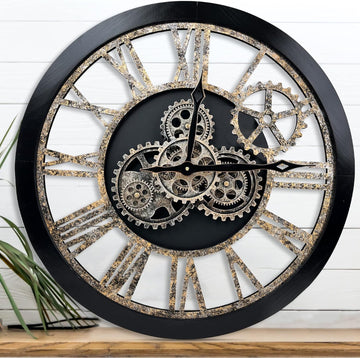 The B-Style Large 24 inch Moving Gear Wall Clock Oversized Vintage Farmhouse Wall Clocks for Living Room Decor Rustic Industrial Wood...