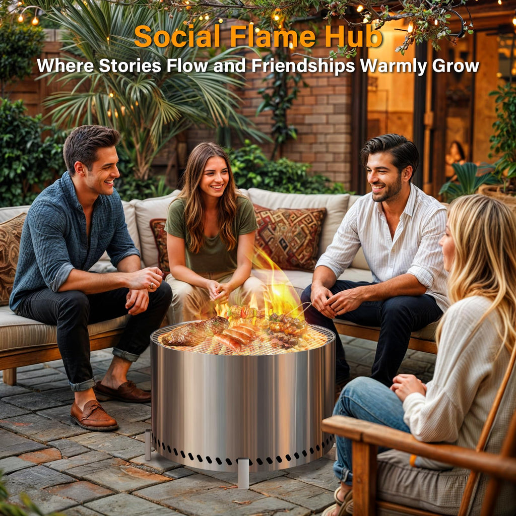 28 Inch Smokeless Firepit with Stand & Grill Rack, Large Stainless Steel Fire Pit, Wood Burning Firepit Garden Picnic