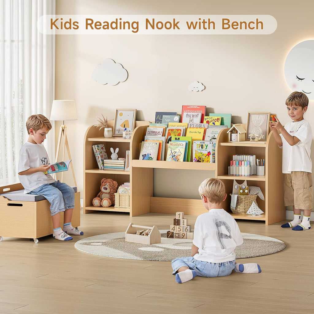 Kids Bookshelf with Reading Nook, 64.5" Toy Storage Organizer with Movable Bench with 3 Storage, Kids Bookcase with