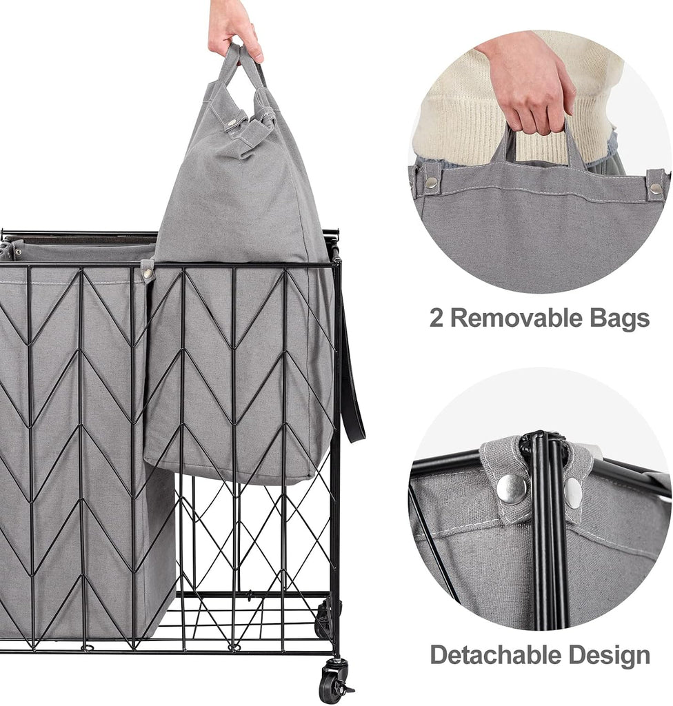 Double Laundry Hamper with Lid, Rolling Laundry Basket with Wheels | Heavy Duty Wire Clothes Hamper with Divided