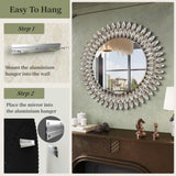 Round Jeweled Mirror for Wall Decor, 26 in Modern Decorative Wall Mirror with Luxury Diamonds Beveled Vanity Mirror