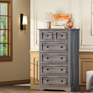 Grey Dresser, 48" Tall Dresser with Natural Texture & Metal Handles, 6 Drawer Chest of Drawers , Vintage Design