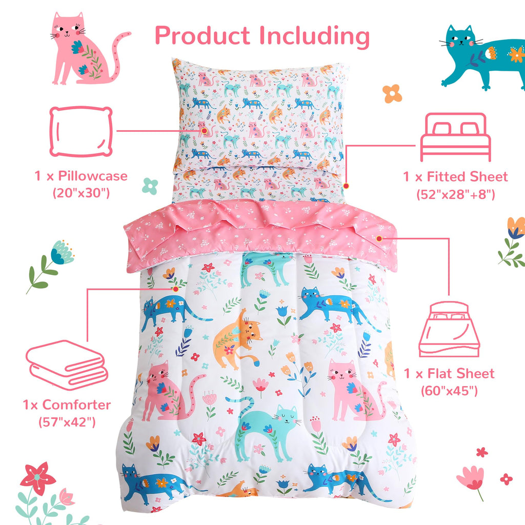 Toddler Bedding Sets for Girls,4 Pieces Floral Cat Printed