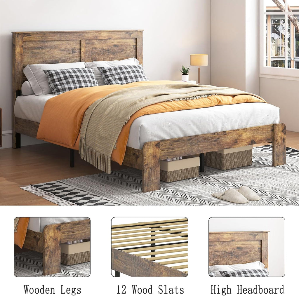 Wood Queen Bed Frame with Headboard, Rustic Farmhouse Platform Bed Frame with 12 Wood Slats Support, No Box Spring