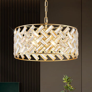 Gold Crystal Chandelier, 18" Modern Drum Ceiling Light Fixture, Luxury 6-Light K9 Crystal Pendant Lighting