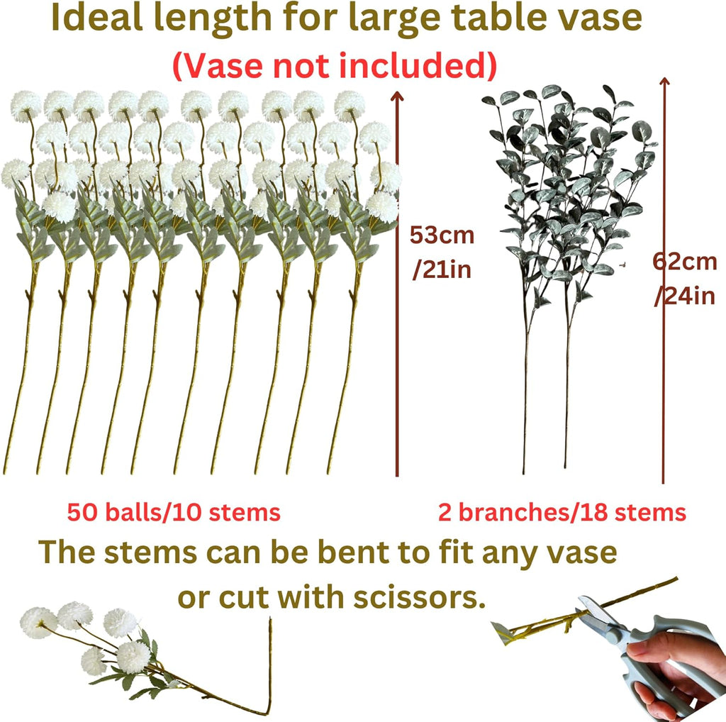 White Faux Kiku Flowers for Vase(NOT Included) - 10 Long Stem Artificial Flowers with Eucalyptus, Realistic Floral