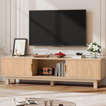 Mid-Century Modern Fluted TV Stand for TVs up to 65", Natural Oak