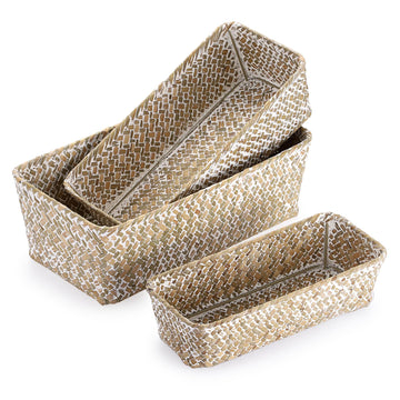 3 Natural Wicker Basket Set Rectangular Seagrass Basket, White Washed