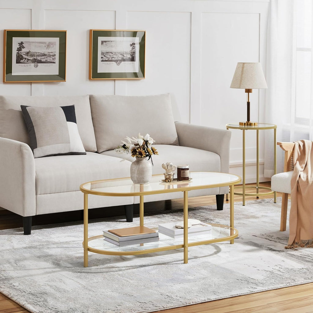 42" Oval Glass Coffee Table, 2-Tier Center Table with Storage Shelf for Small Space, Office