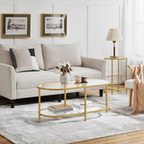 42" Oval Glass Coffee Table, 2-Tier Center Table with Storage Shelf for Small Space, Office