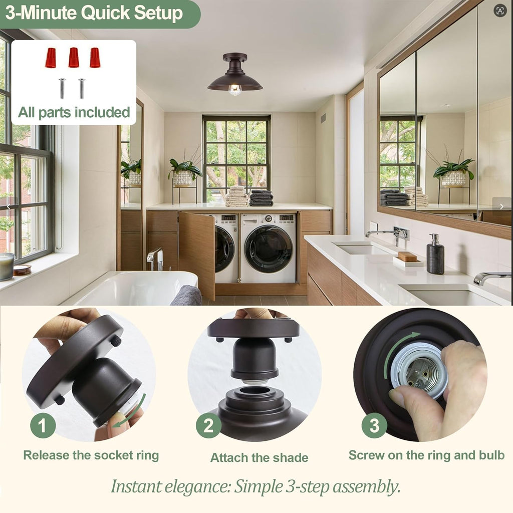 10.5" Oil Rubbed Bronze Semi Flush Mount Ceiling Light, Rust-Resistant Powder Coated Metal Barn Fixture for Kitchen