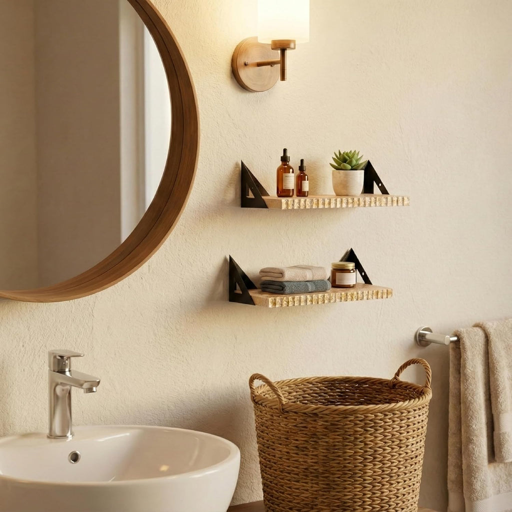 Hanging Wall Shelves Set of 2 - Wood Wall Shelves with Gold Accents - Heavy Duty Wall Mounted Storage & Decor Shelves