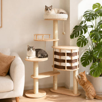 48 Inch Chessboard Solid Wood Cat Tree, Modern Cat Tower for Indoor Cats