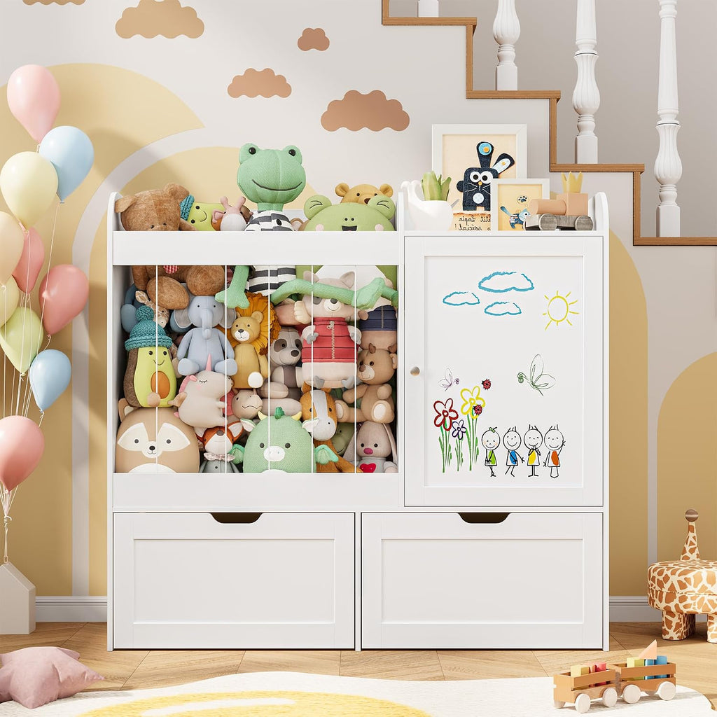 40" Toy Organizers and Storage, Stuffed Animal Holder with Magnetic Drawing Board, Wooden Toy Organizer with 2