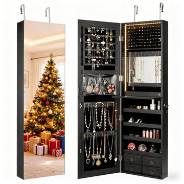 47" LED Jewelry Armoire, Door/Wall Mounted Mirror with Storage, 4 Shelves, 4 Drawers, Full Length Mirror & Flip-up
