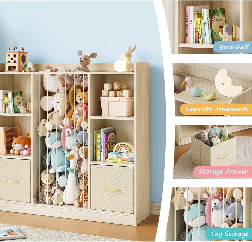 4-in-1 Toy Storage Organizer with Stuffed Animal Storage, Solid Pine Kids Bookshelf and Toy Shelf, 6 Cube Shelf with