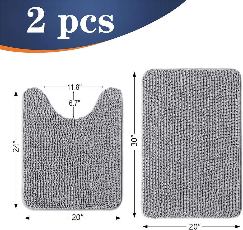 Bathroom Rugs Sets 2 Piece, Soft Absorbent Chenille Bath Mats and U-Shaped Contour Toilet Mat Area Rug Set, Machine