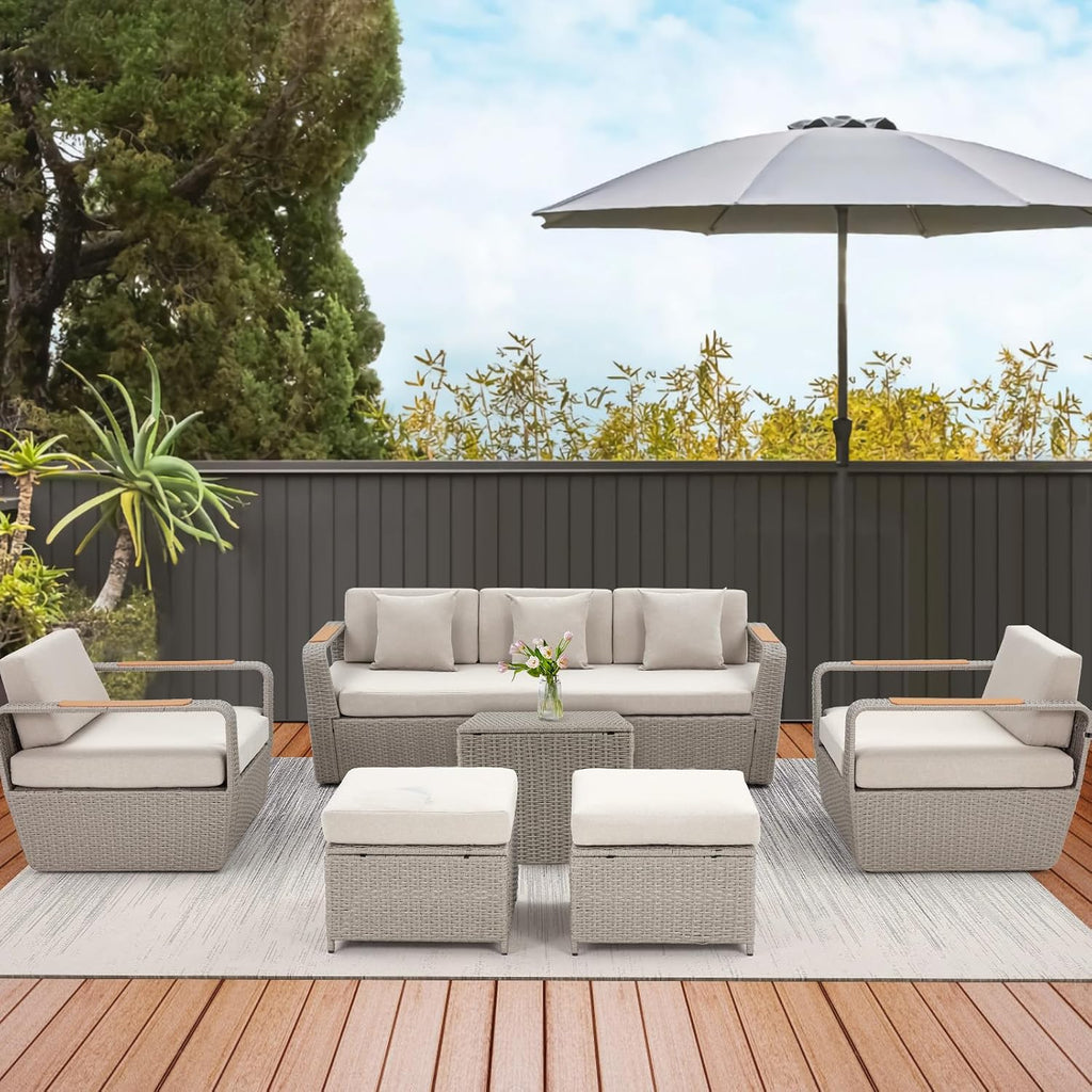 Patio Furniture Set, Oversized 7-Seat Outdoor Sectional with Ottoman and Coffee Table, Wicker Rattan Patio Sofa Set