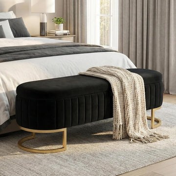 51" Velvet Storage Ottoman Bench End of Bed Entryway Black