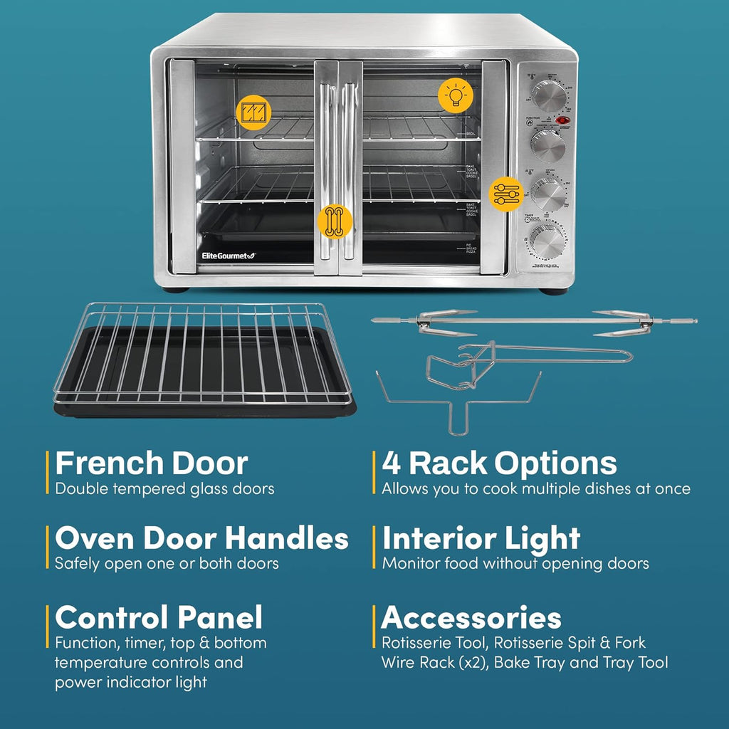 ETO4510MX French Door 47.5Qt, 18-Slice Convection Oven 4-Control Knobs, Bake Broil Toast Rotisserie Keep Warm