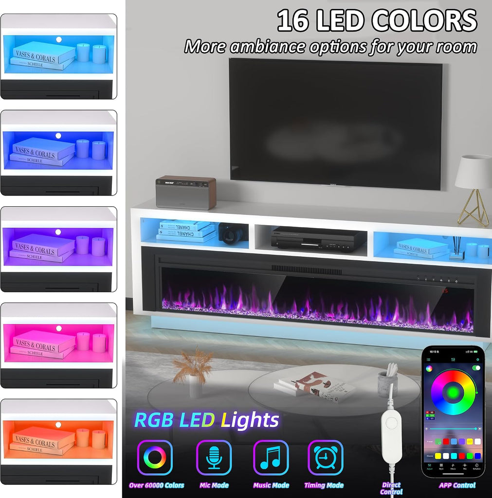58" Fireplace TV Stand for TVs Up to 65" with 52" Electric Fireplace, TV Console for The Living Room, LED Light
