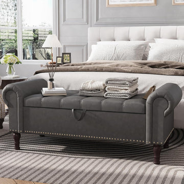 51" Bench with Storage, Upholstered Tufted Button Bedroom Bench with Storage, Faux Leather End of Bed Bench with