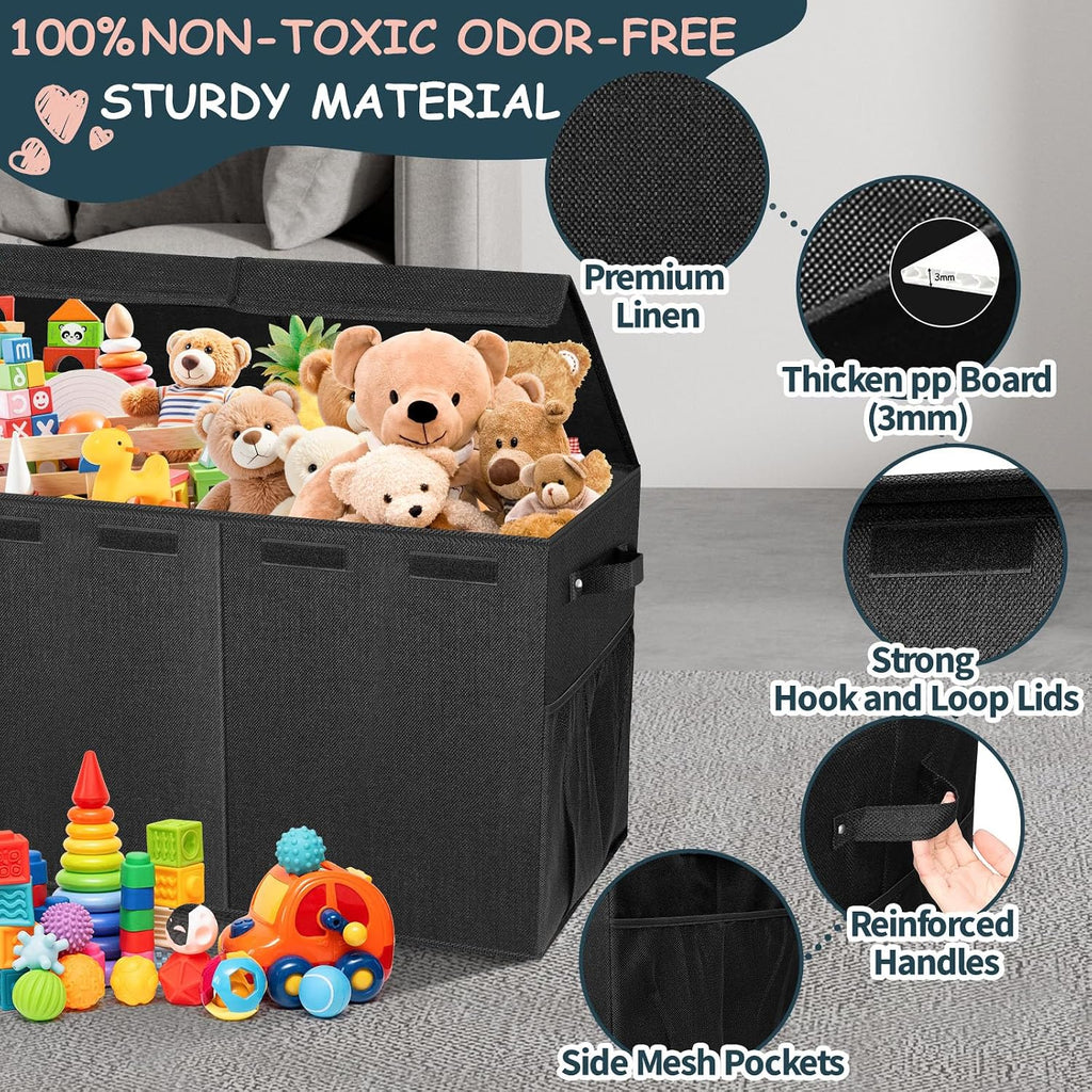Extra Large Toy Box with Lids, Collapsible Storage Bin, 38"x16"x14",Black | Sturdy Chest Basket with Dividers for