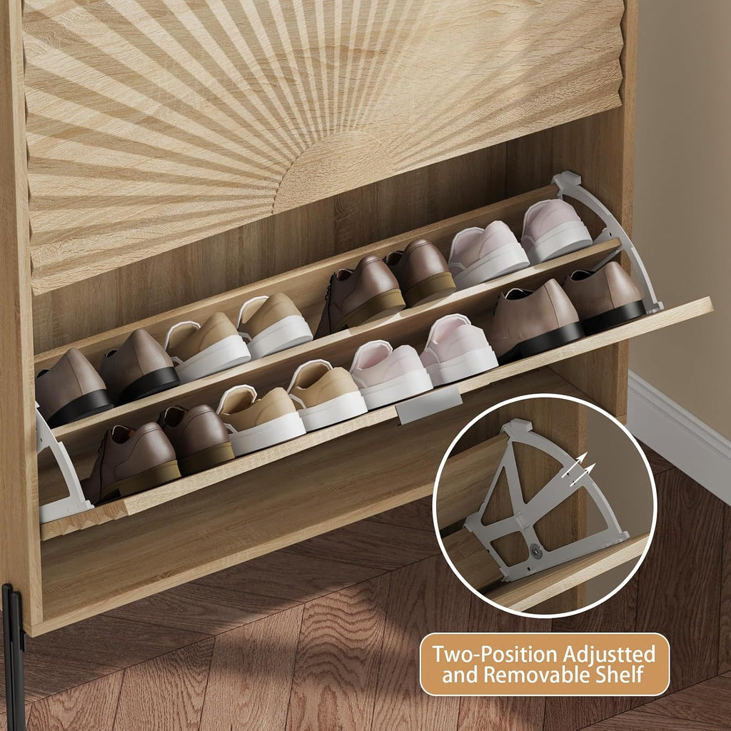 Two-Layer Shoe Cabinet with Two Flip Drawers,Wooden Thin Shoe Cabinet with Metal Handles and Metal Legs,Anti-Dump