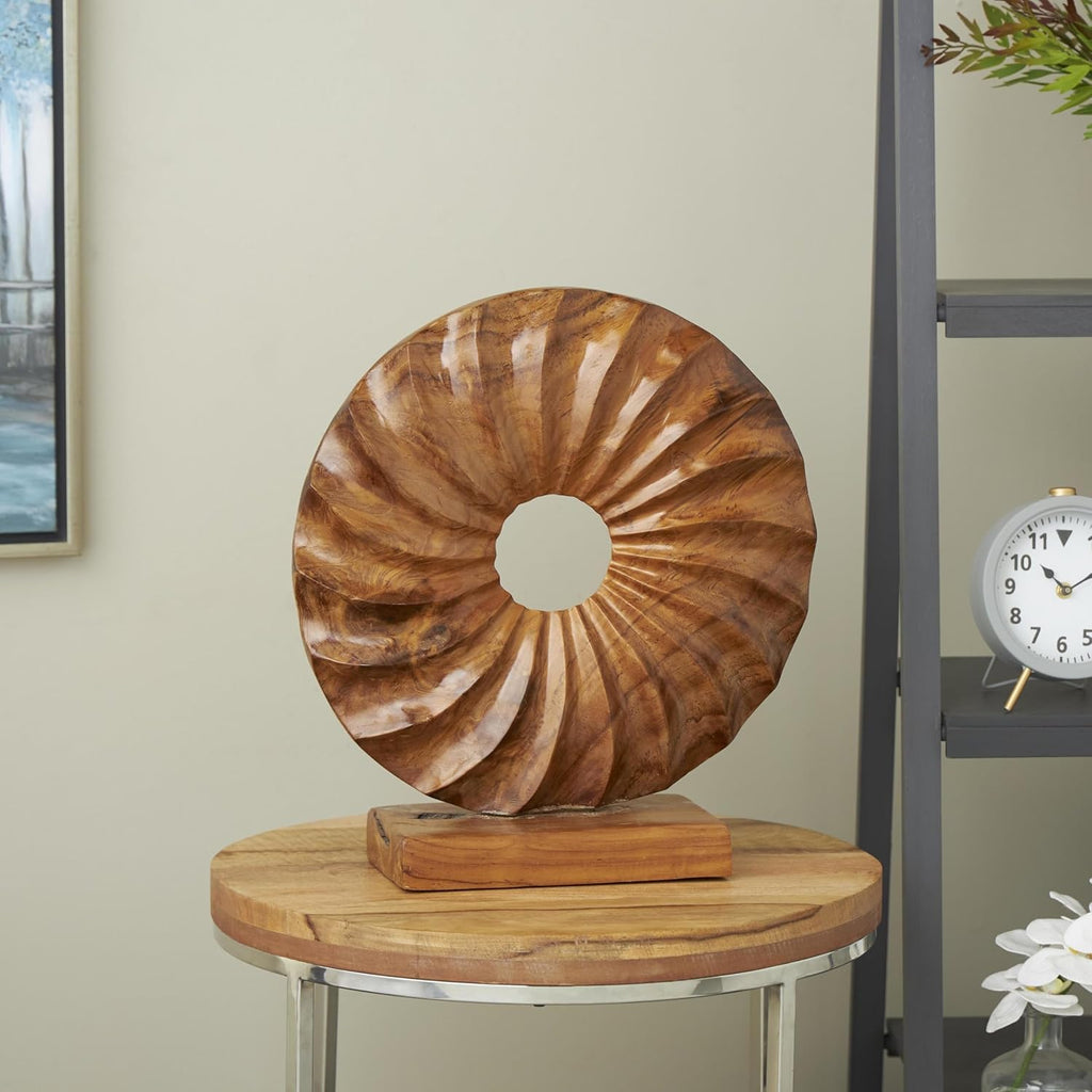 79 Teak Wood Abstract Handmade Decorative Sculpture Dimensional Circular Home Decor Statue with Center Cutout, Accent