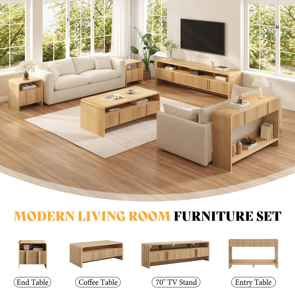 39.4" Fluted Coffee Table with 2 Drawers, Natural Oak