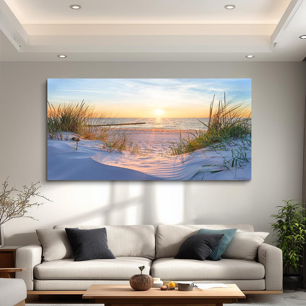Wall Decor Large Canvas Wall Art Modern Office Pictures Blue Sun Beach Grass Ocean Landscape Paintings Canvas Art