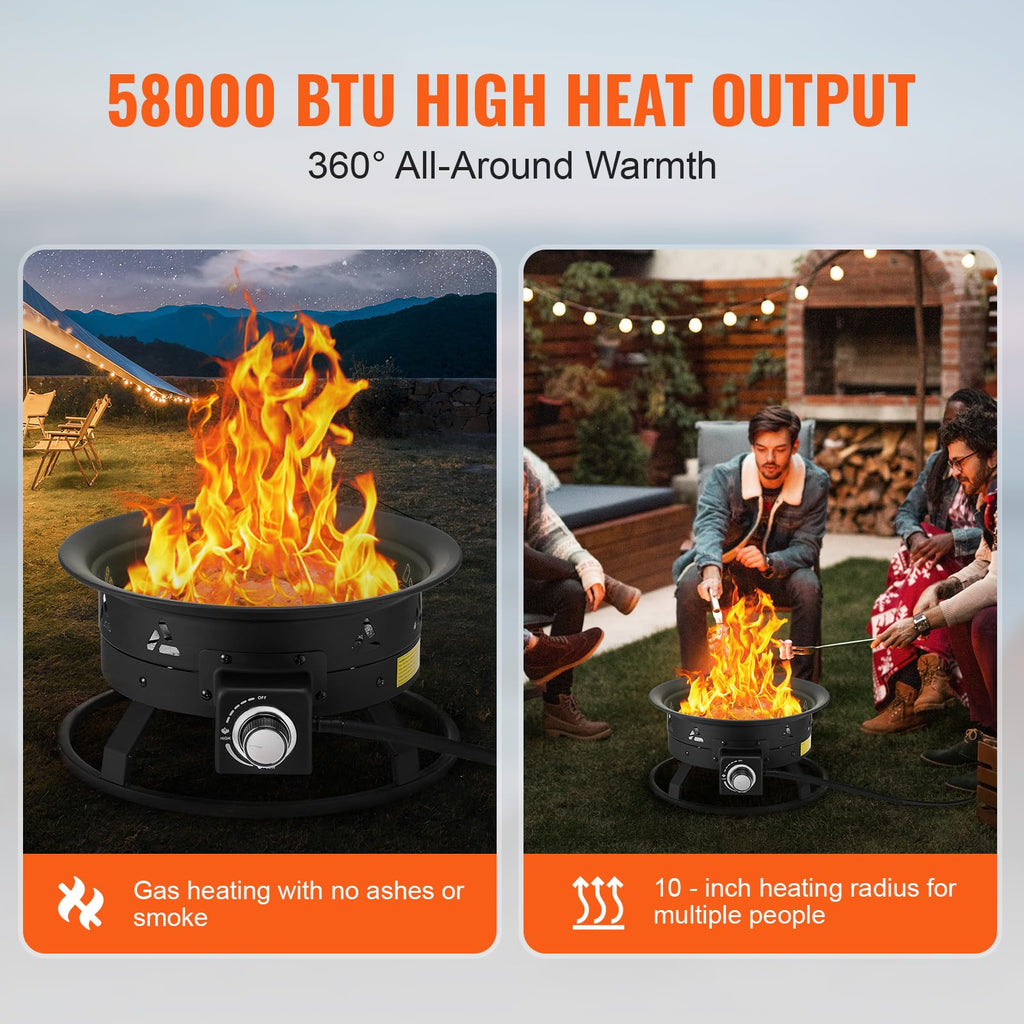 Propane Fire Pit, 19-Inch Diameter Outdoor Portable Gas Fire Pit with Cover & Lava Rocks, Adjustable Flame Height