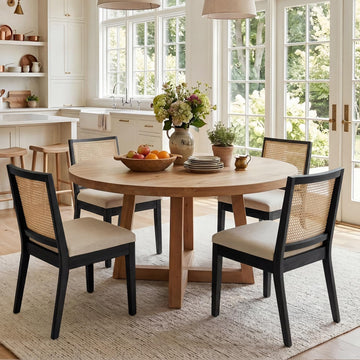 Farmhouse Rattan Dining Chairs Set of 4, Black Solid Hardwood Frame, Upholstered Linen Seat, Ergonomic Cane Back