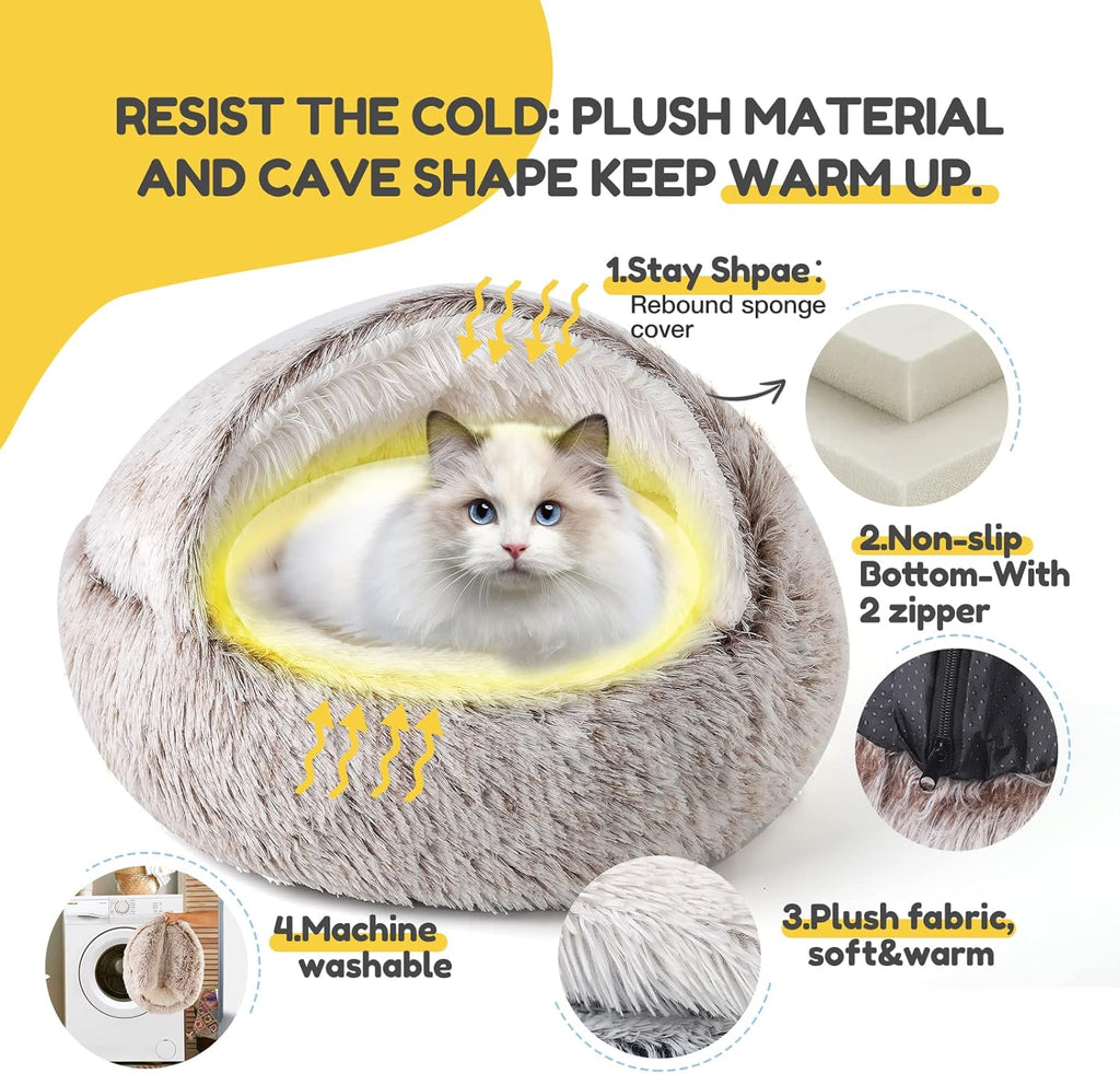 Plush Hooded Cat Bed, Calming Nest, Self-Warming Cave, Cozy Pod for Indoor Cats or Small Dogs