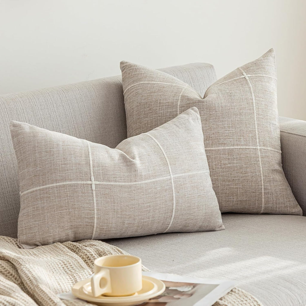 Rustic Lattice Cotton Linen Decorative Throw Pillow Cover Embroidery Square Cushion Cover Pillowcase, 20"x20")