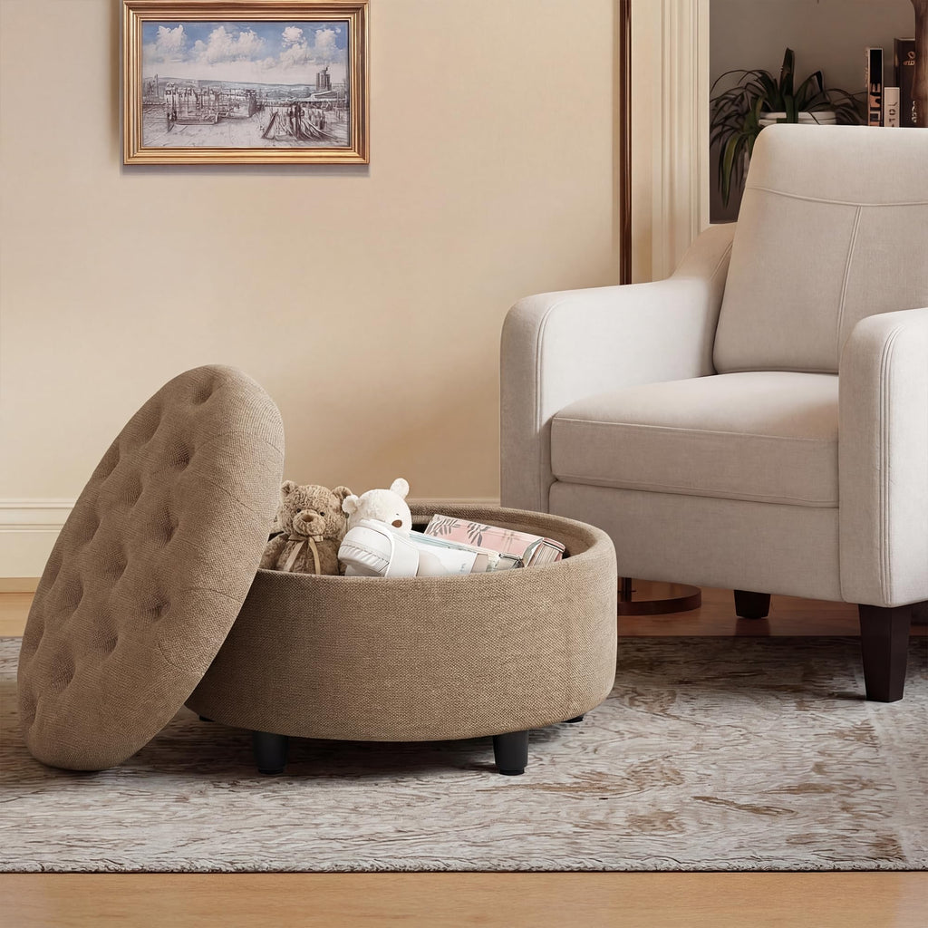 Fabric Round Storage Ottoman with Reversible Tray Lid(Camel)