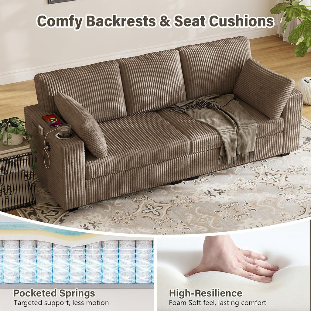 80" Loveseat Sofa ,Modern Sofa with USB Charging Ports & Cup Holders,Comfy Corduroy Couch with Upholstered Cushion,3