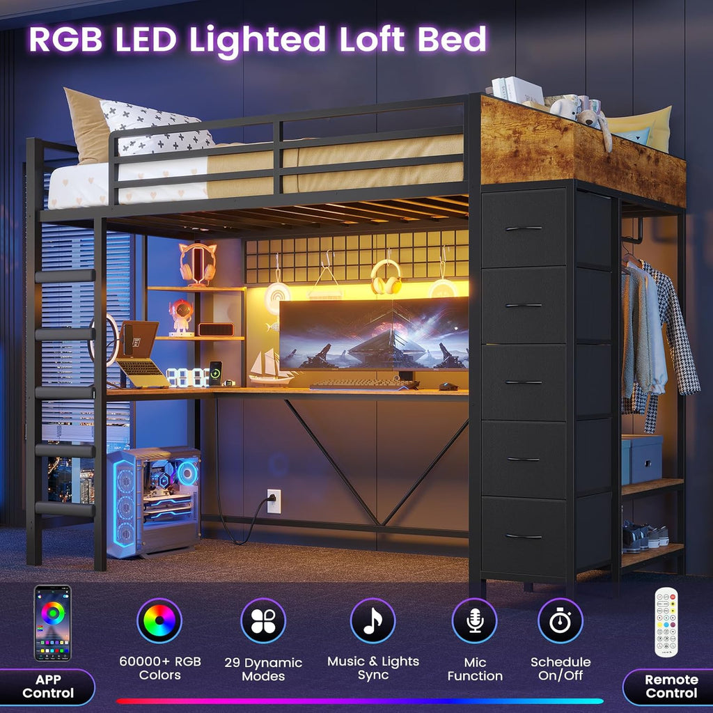 Loft Bed Twin with Hall Tree, Charging Station and LED Lights, Metal Loft Bed with L-Shaped Desk, 5 Storage Drawers