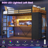 Loft Bed Twin with Hall Tree, Charging Station and LED Lights, Metal Loft Bed with L-Shaped Desk, 5 Storage Drawers
