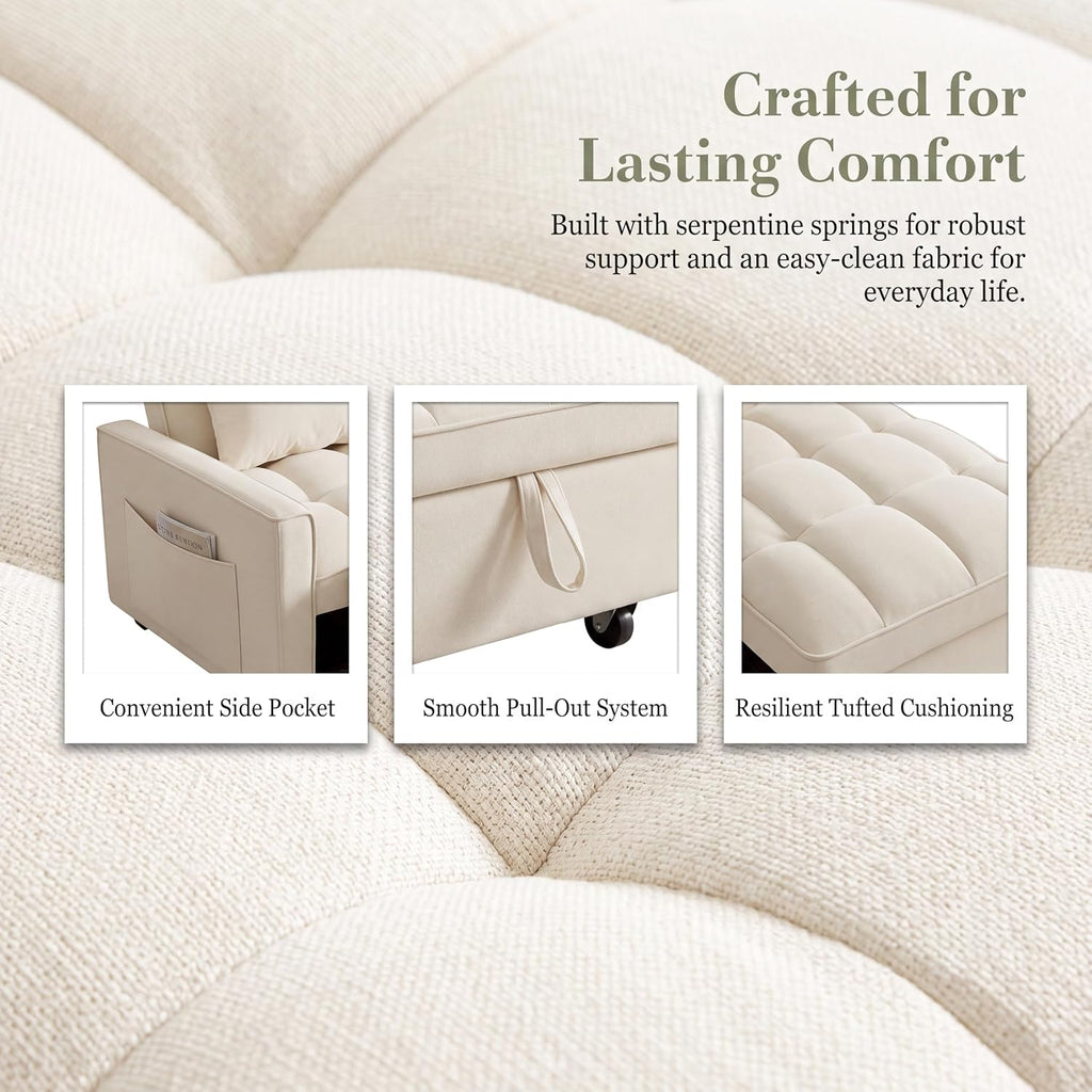 Sleeper Chair with Pull Out Bed, 3 In1 Convertible Couch Bed, White | Adjustable Backrest,Soft Cushioning,Handy Side