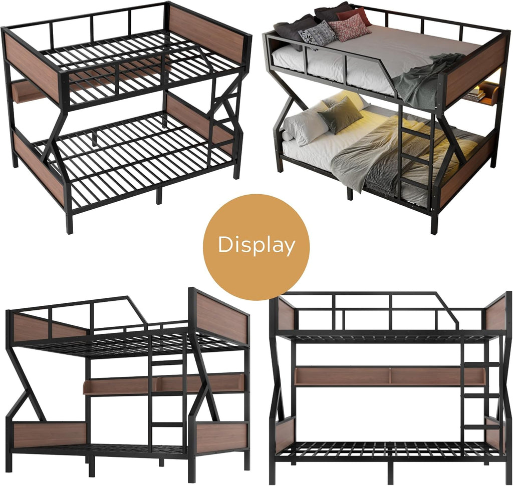Queen over Queen Bunk Bed with Storage Shelves, Metal Bunk Beds with Ladders and LED Lights